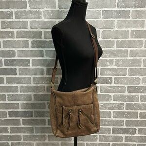 The Sak BROWN GENUINE LEATHER ZIP X-BODY MESSENGERSHOULDER BAG HANDBAG